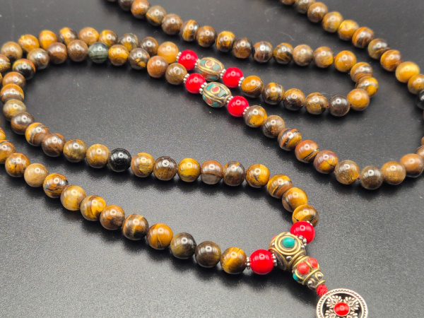 Tigerauge Mala-Gebetskette mit Schmuckelementen | 108+1 Perlen | ca. 8mm